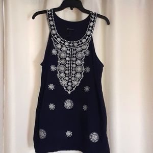 INC top Navy blue white design on front no sleeve scoop neckline